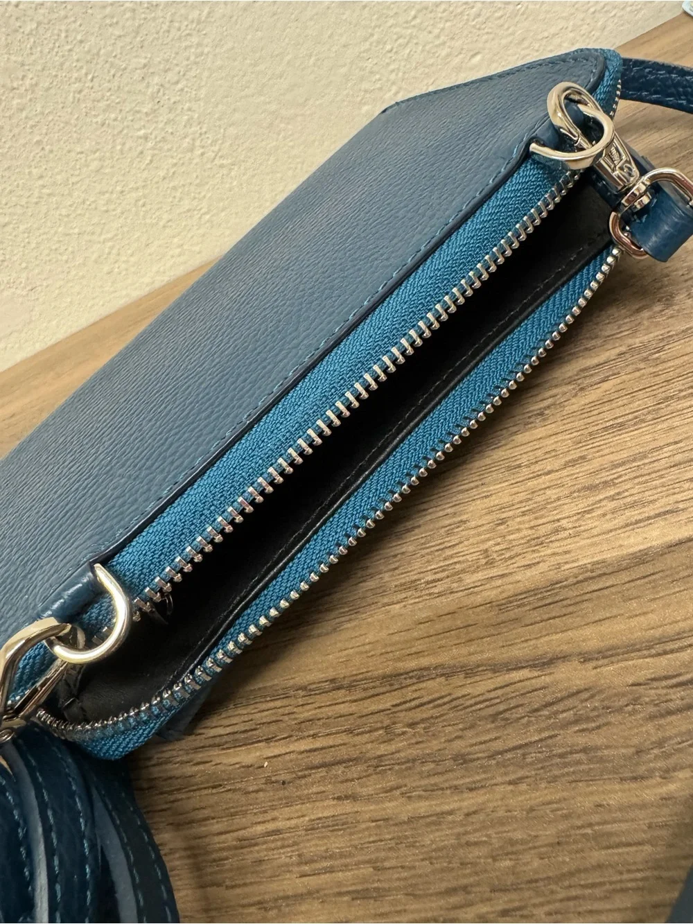 Genuine Italian Leather Peacock Blue Pebbled Crossbody Bag Wallet